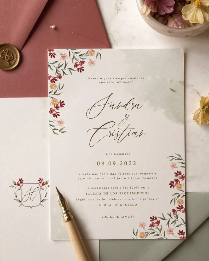 Composición editorial de papelería de boda